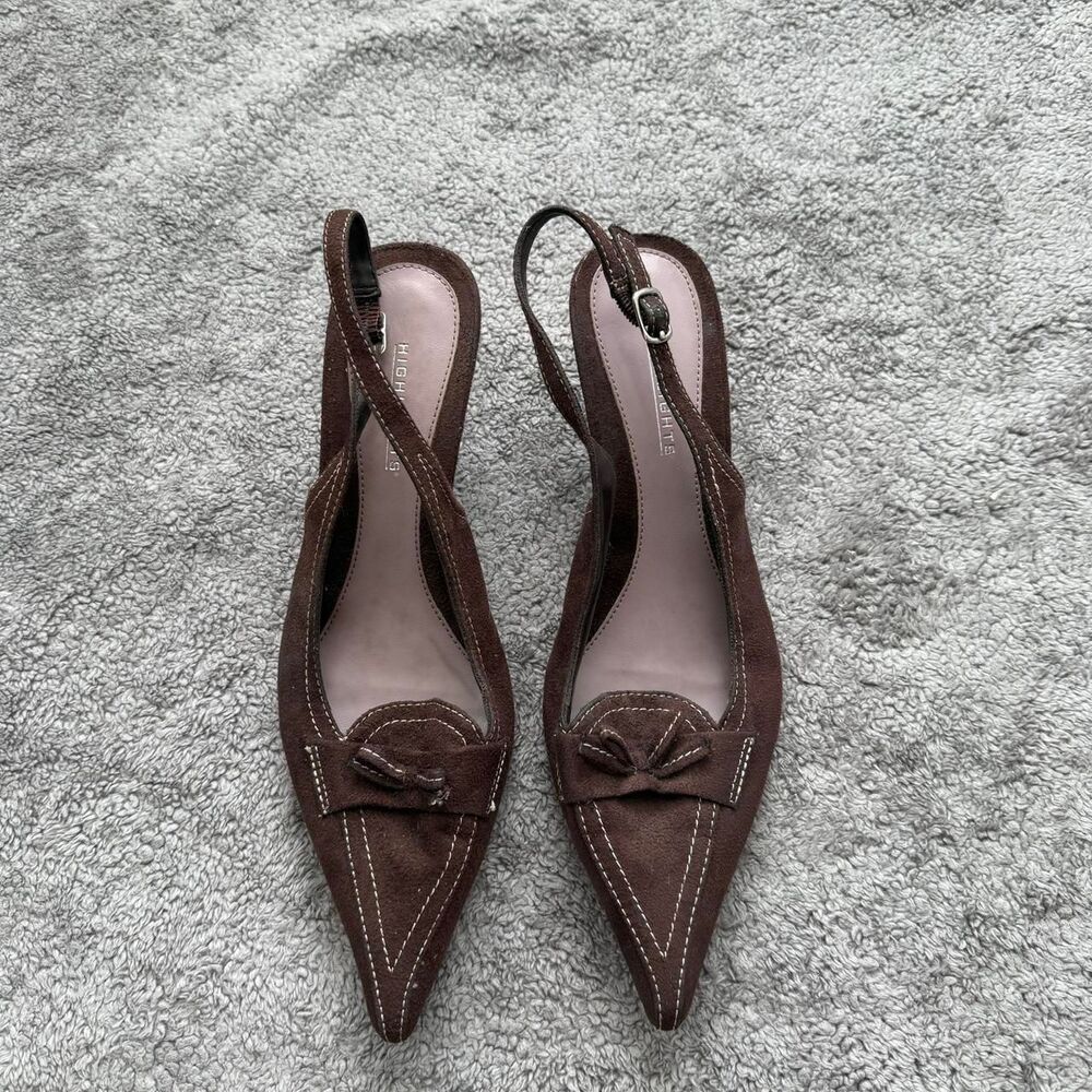 Highlights Brown suede kitten heels bow detail